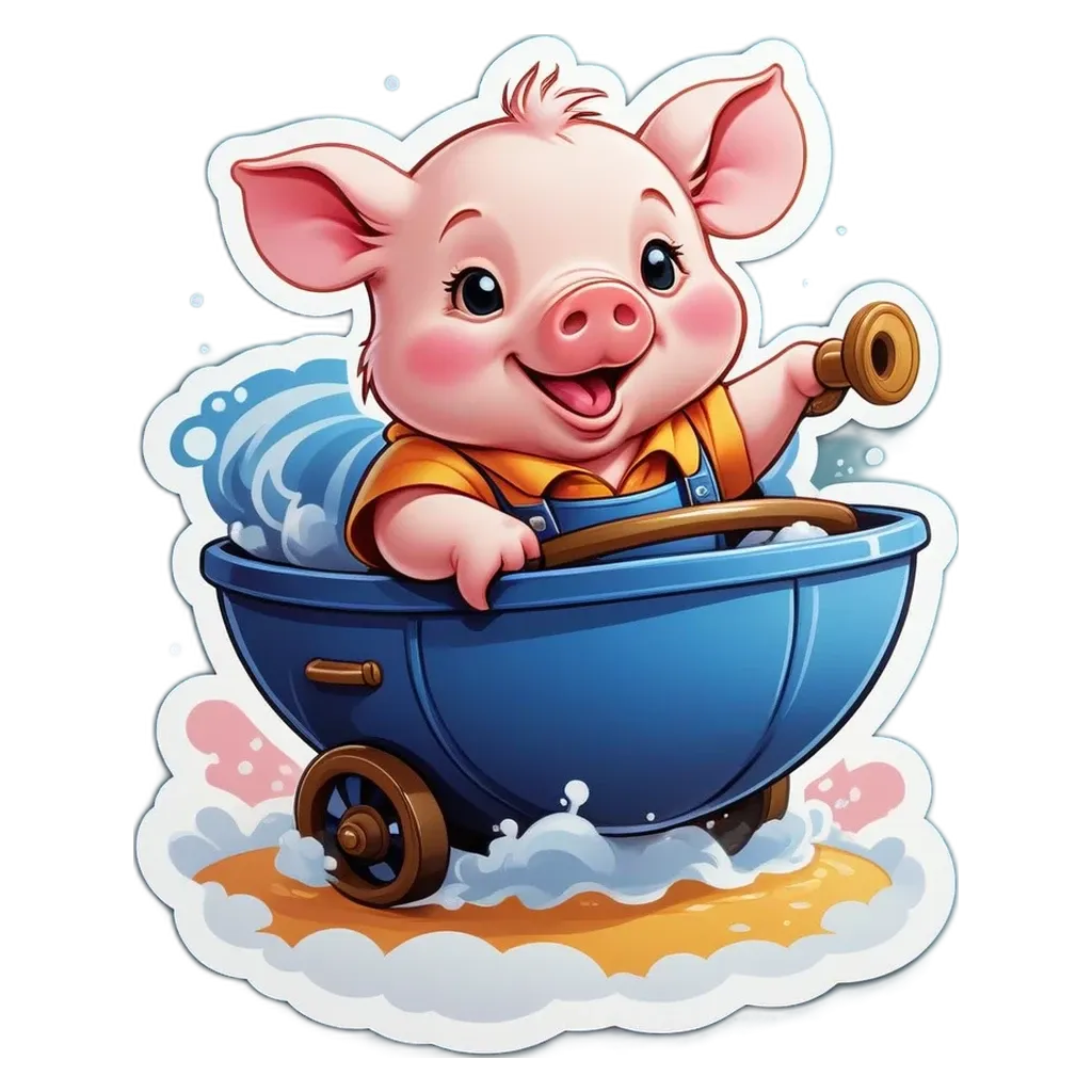A cartoon picture of a pig riding a wheelbarrow.