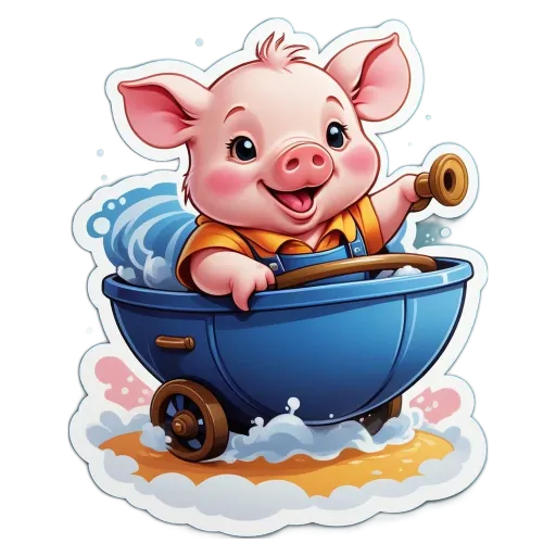 A cartoon picture of a pig riding a wheelbarrow.