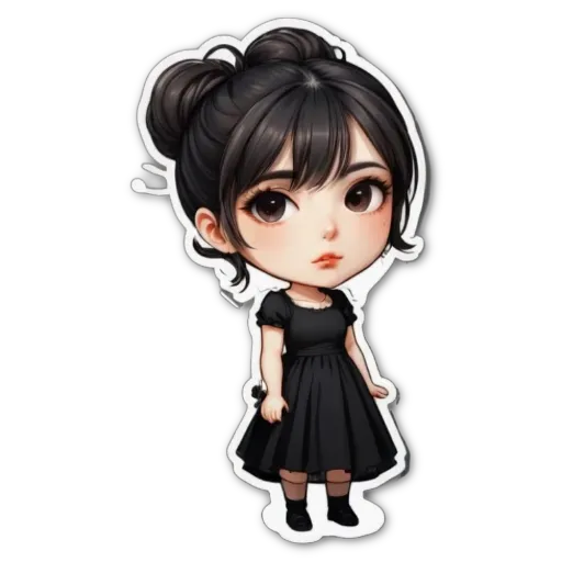A small girl with black hair and a black dress is standing in front of a black background.