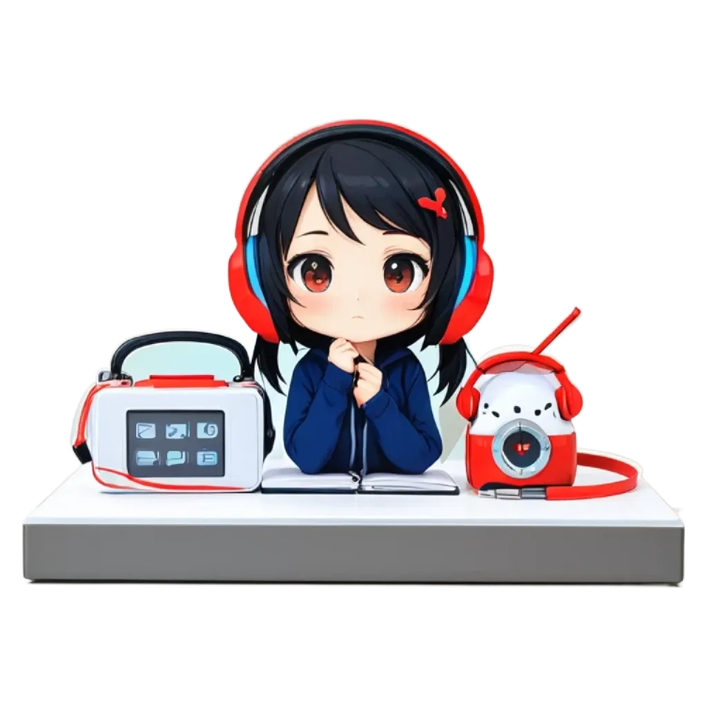 A girl with red and blue headphones sitting at a table with a white book.