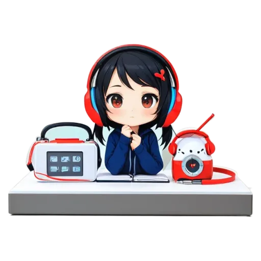 A girl with red and blue headphones sitting at a table with a white book.