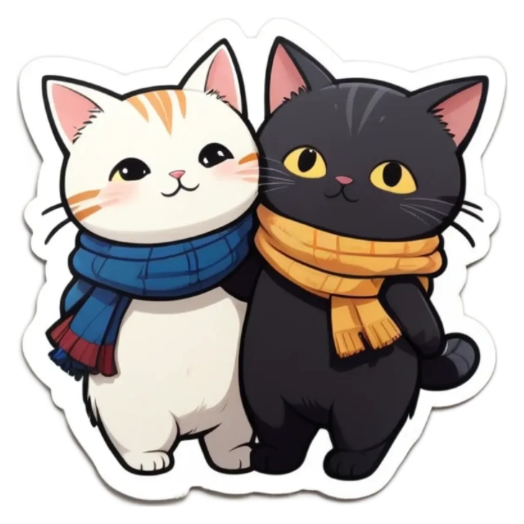 A black and white cat with a yellow eyes and wearing a scarf with another cat.