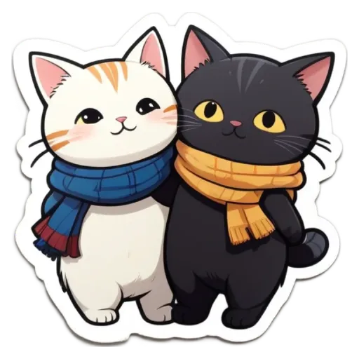 A black and white cat with a yellow eyes and wearing a scarf with another cat.