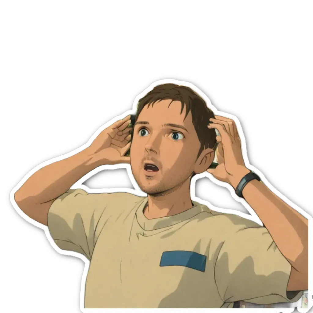 A sticker of a man with headphones looking surprised.