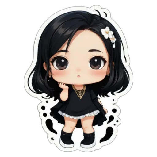 A girl with black hair and a black dress sticker.