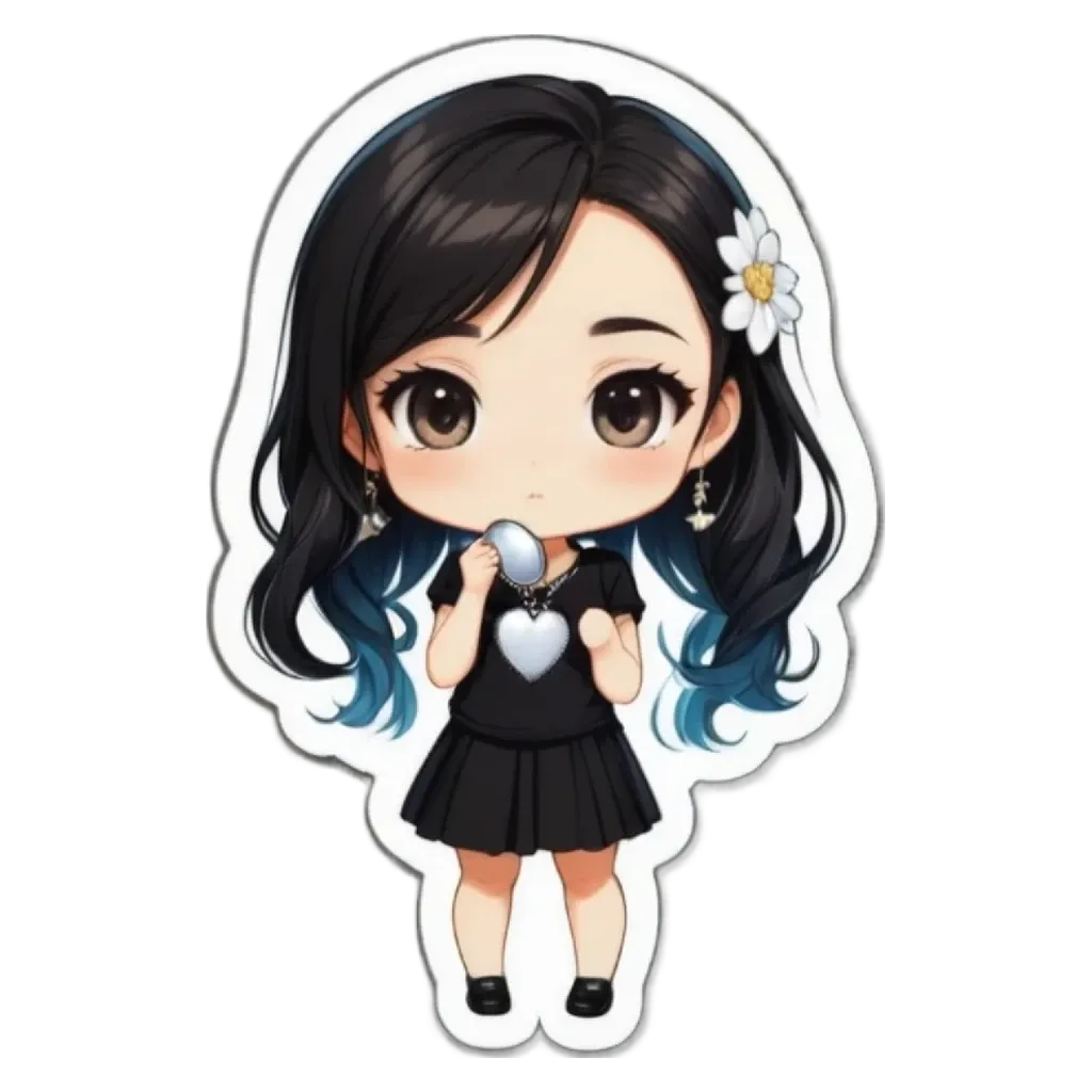 A girl with a black dress and a white heart.