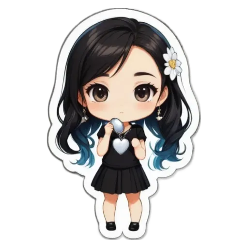 A girl with a black dress and a white heart.
