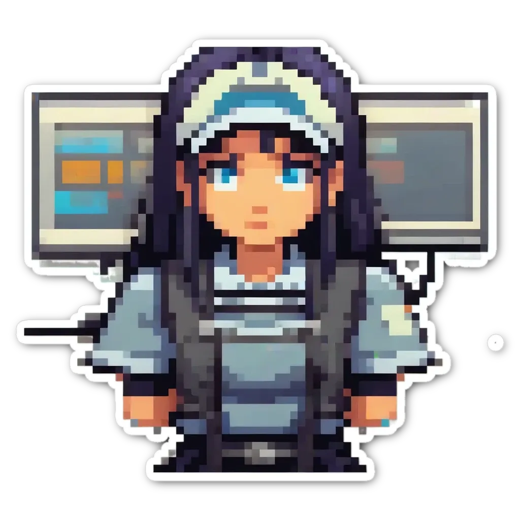 An art deco style girl with a computer on her shirt.