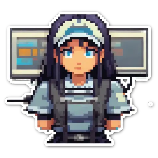 An art deco style girl with a computer on her shirt.