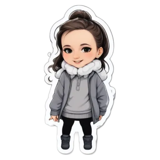 A sticker of a girl wearing a coat.