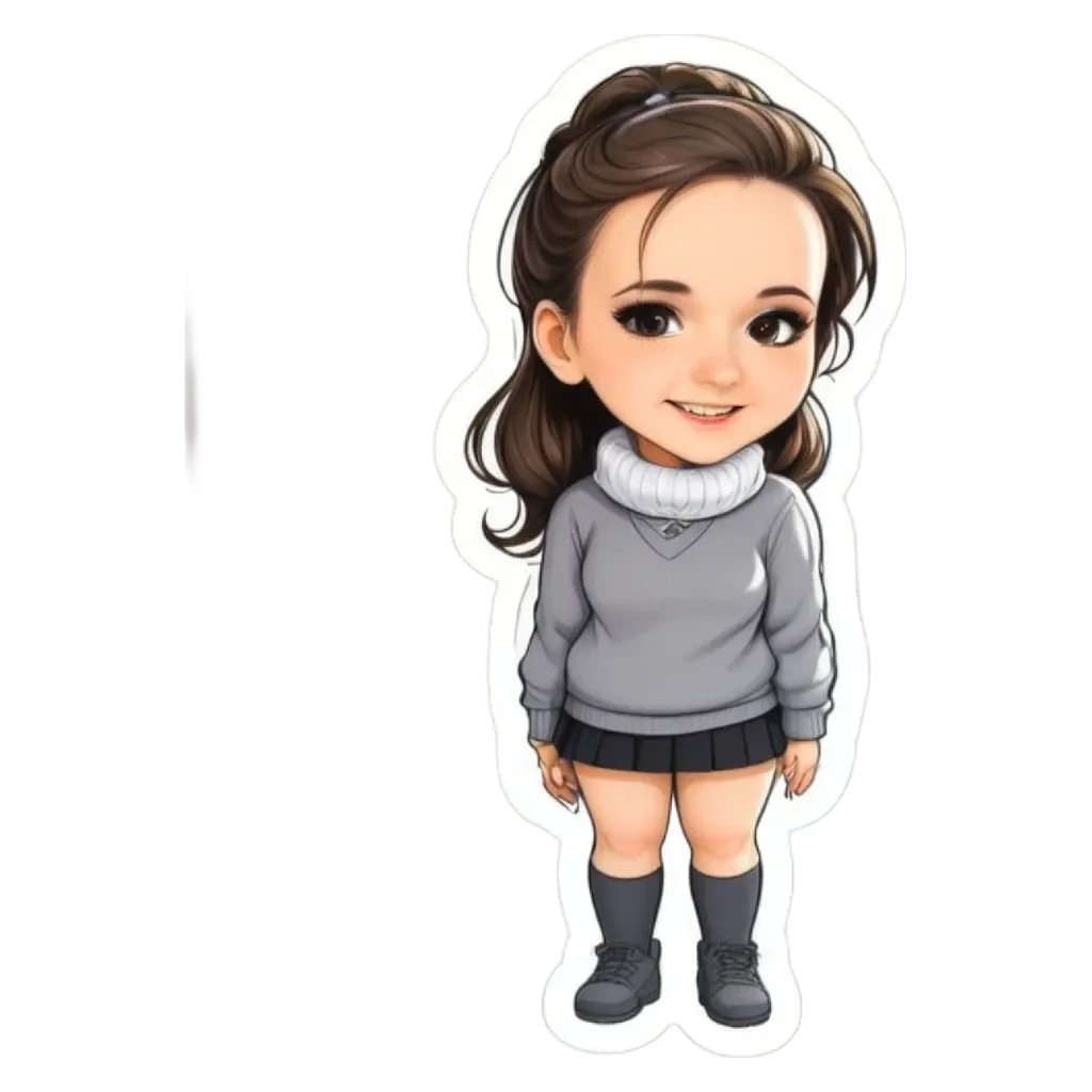 A girl is standing with a sticker of her on her right side.