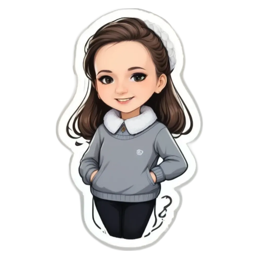 A girl wearing a gray sweater with black pants and a white hat.
