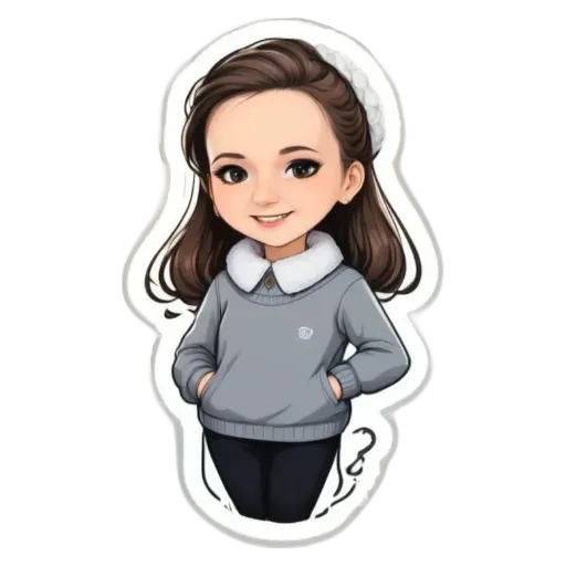 A girl wearing a gray sweater with black pants and a white hat.