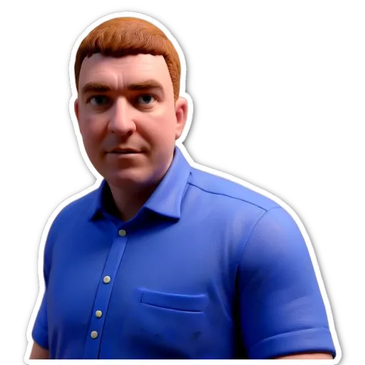 A sticker of a man with a blue shirt and blue eyes.