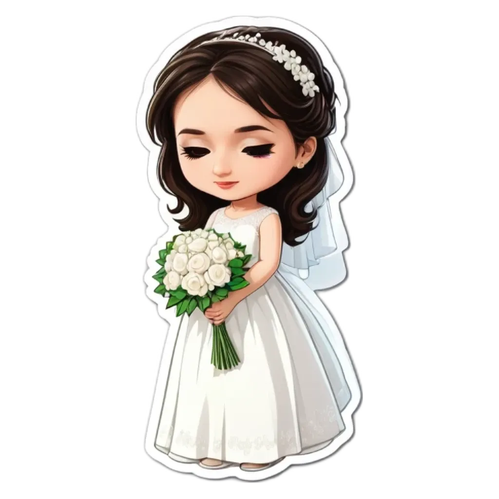 A cartoon picture of a girl who is the bride in a white dress holding a bouquet of flowers.