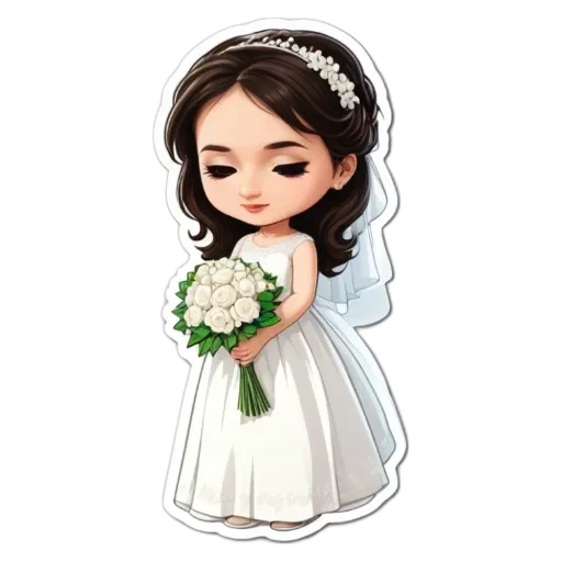A cartoon picture of a girl who is the bride in a white dress holding a bouquet of flowers.