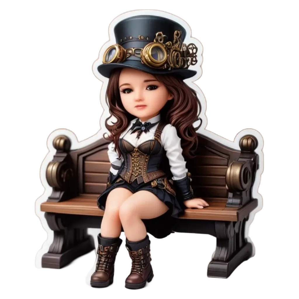 A figurine of a girl sitting on a bench wearing a black hat.