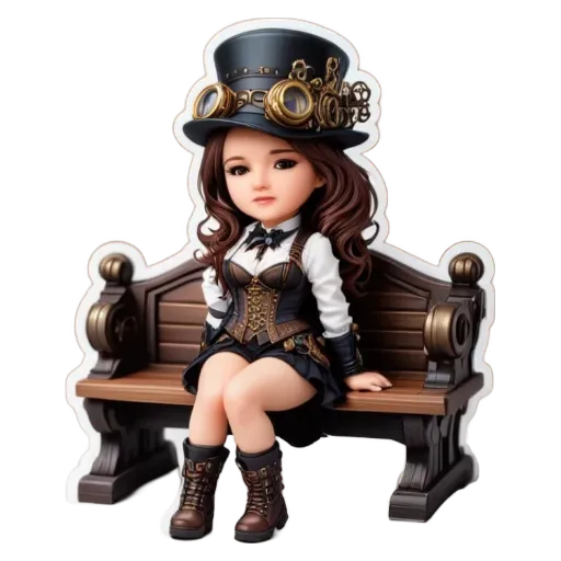 A figurine of a girl sitting on a bench wearing a black hat.