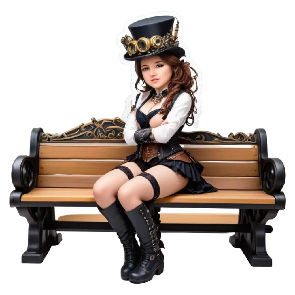 A girl wearing a top hat is sitting on a bench.