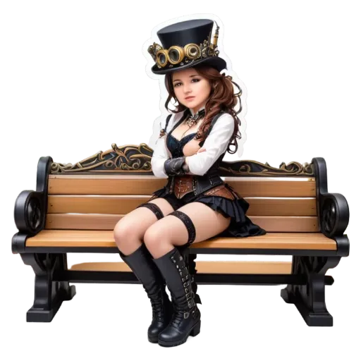 A girl wearing a top hat is sitting on a bench.