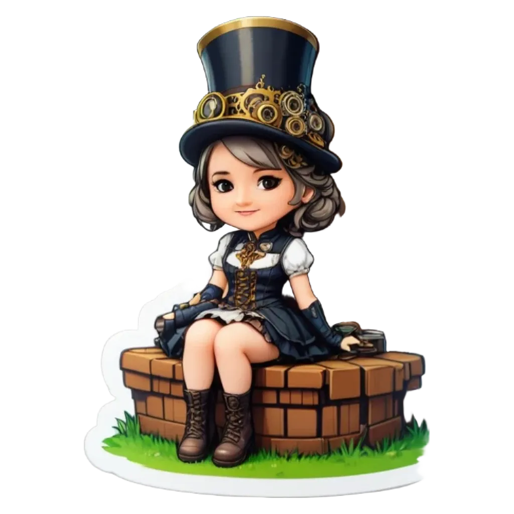 A girl is sitting on a brick well and has a black hat on.