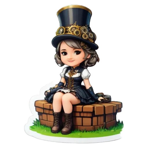 A girl is sitting on a brick well and has a black hat on.