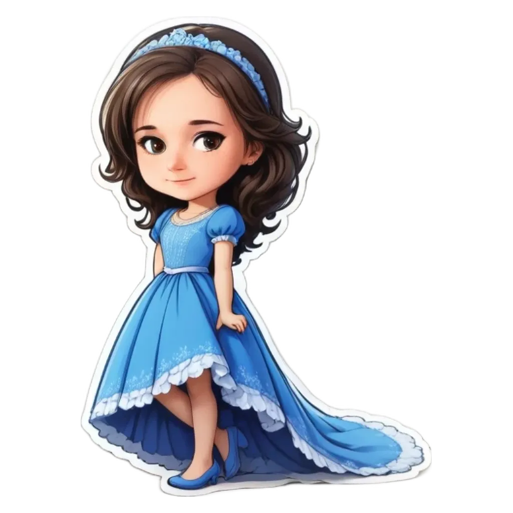 A cartoon girl wearing a blue dress standing on a runway.