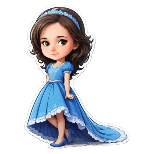 A cartoon girl wearing a blue dress standing on a runway.
