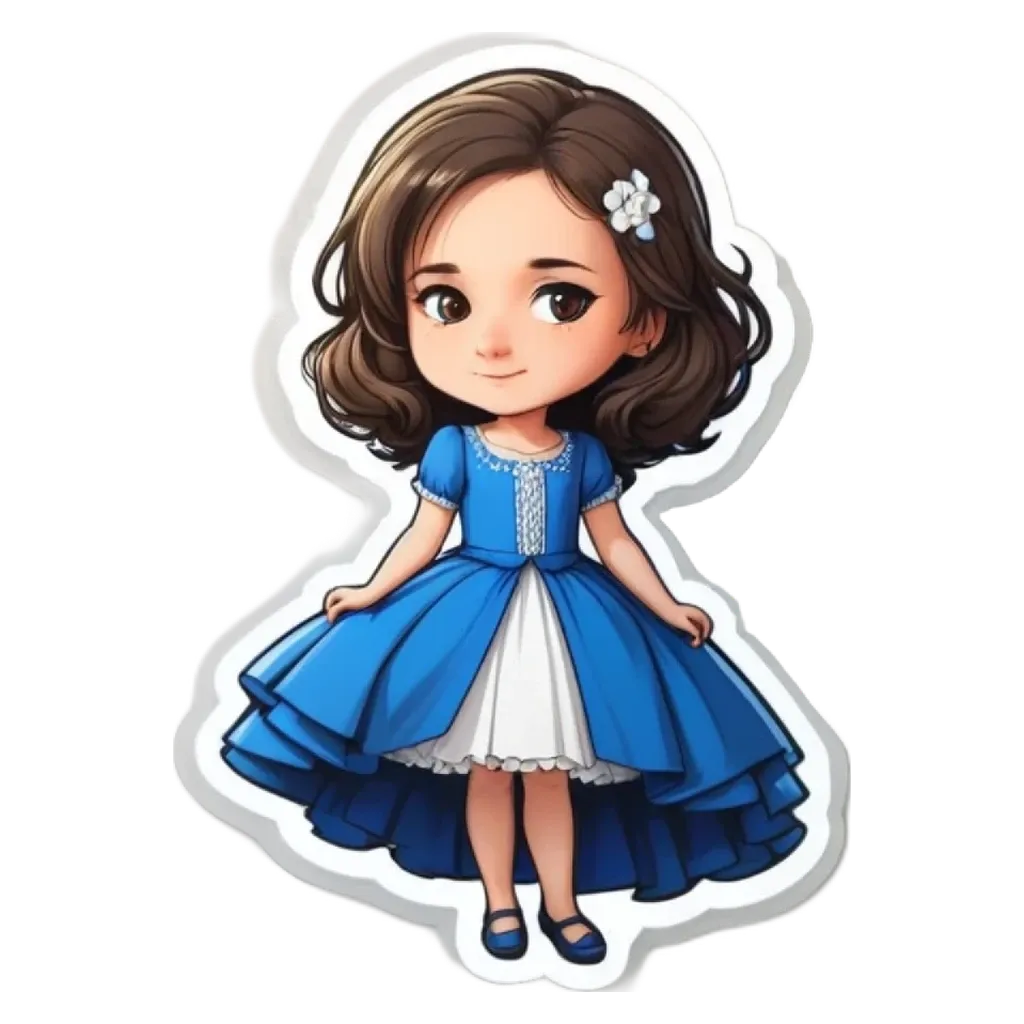A girl is standing on a white and blue dress with a flower in her hair.