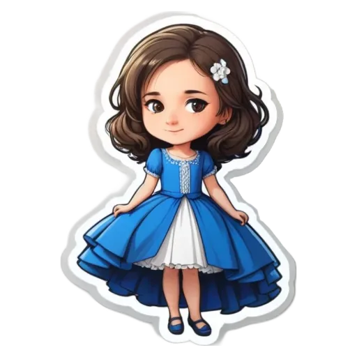 A girl is standing on a white and blue dress with a flower in her hair.