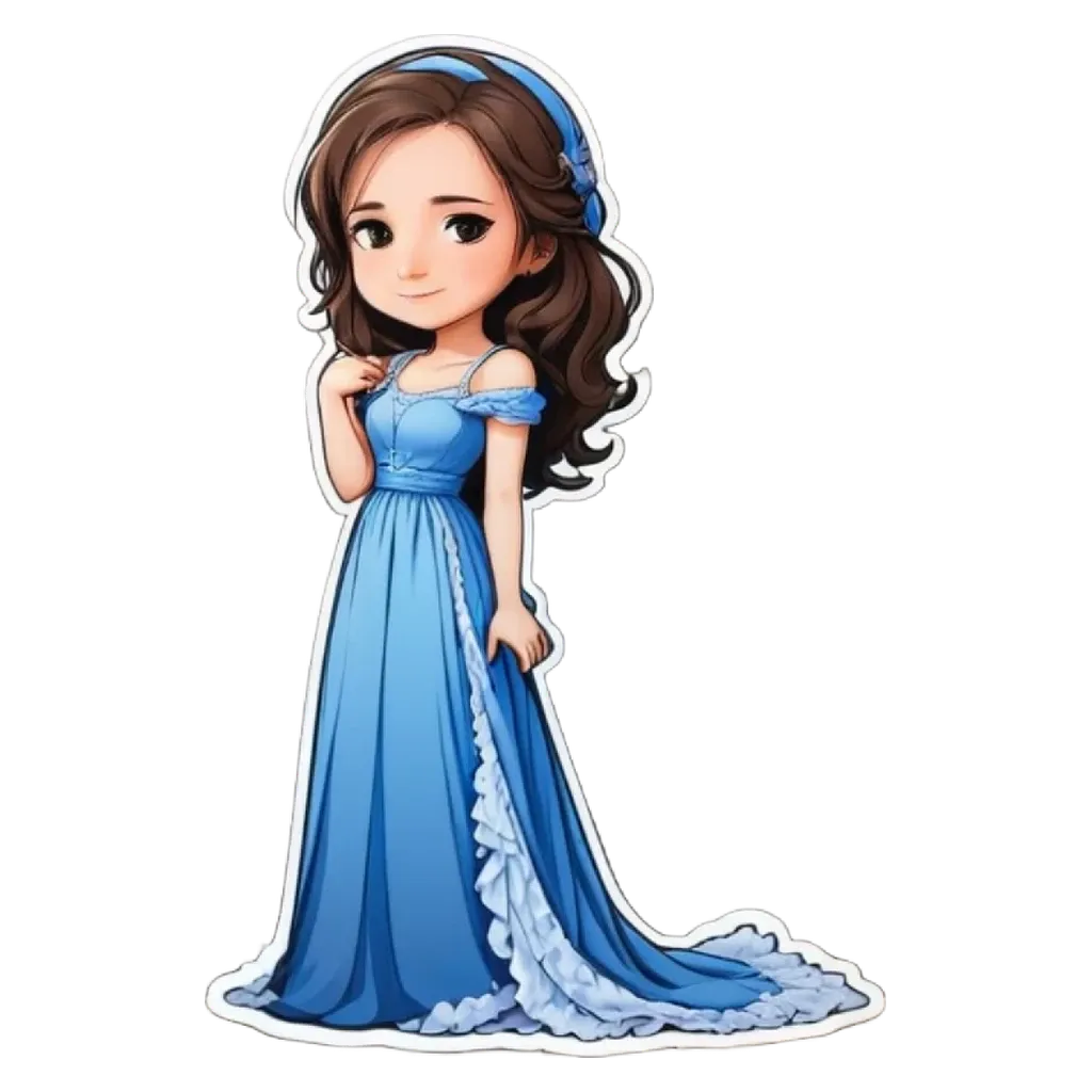 A cartoon drawing of a girl in a blue gown.