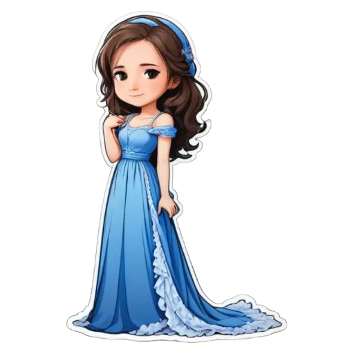 A cartoon drawing of a girl in a blue gown.