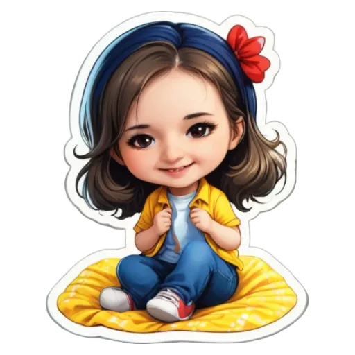 A girl cartoon like sticker is on a black and white background.