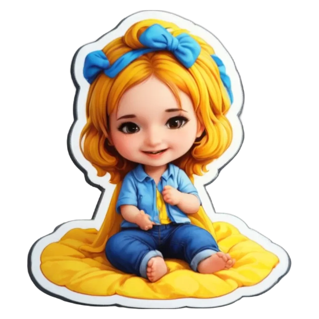 A girl cartoon drawing with a blue ribbon in her hair is sitting on a yellow blanket.