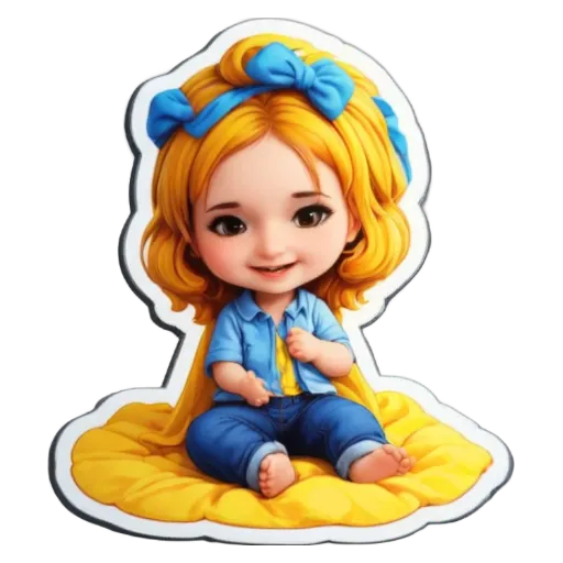A girl cartoon drawing with a blue ribbon in her hair is sitting on a yellow blanket.