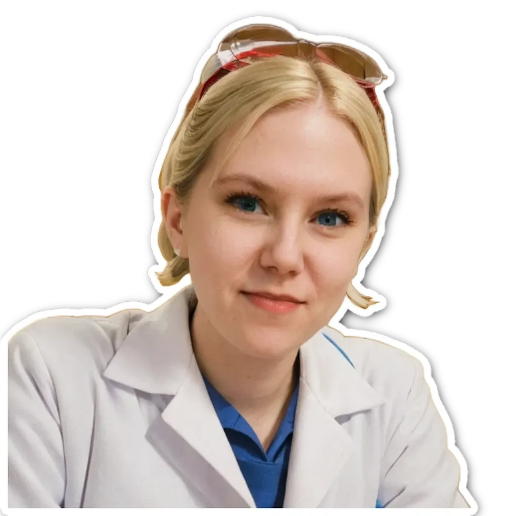 A sticker of a woman who works in a medical profession.