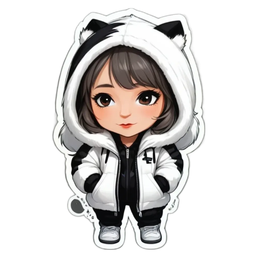 A girl in a white and black jacket with black eyelashes.
