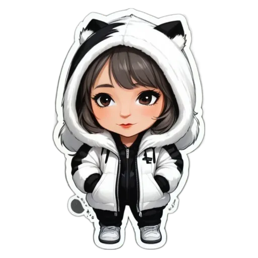 A girl in a white and black jacket with black eyelashes.