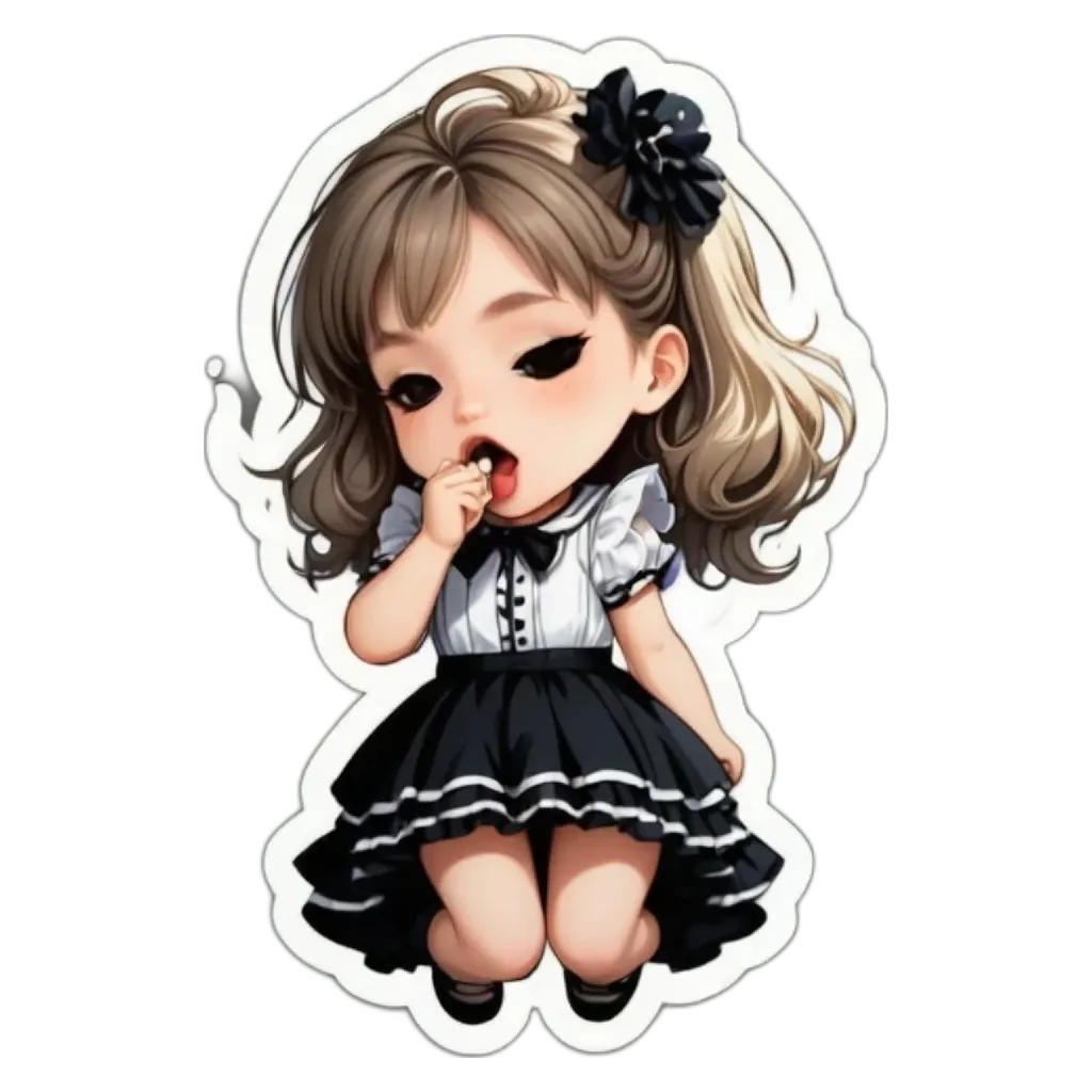 A girl with black and white dress and a flower in her hair.