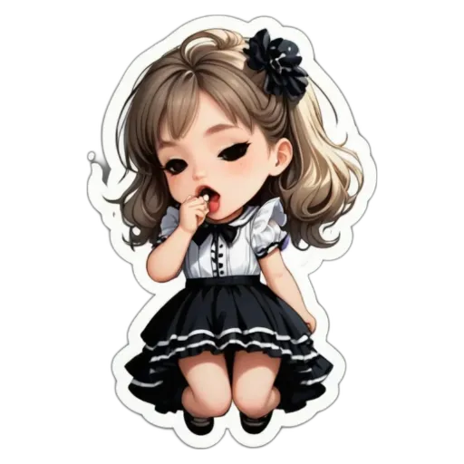 A girl with black and white dress and a flower in her hair.