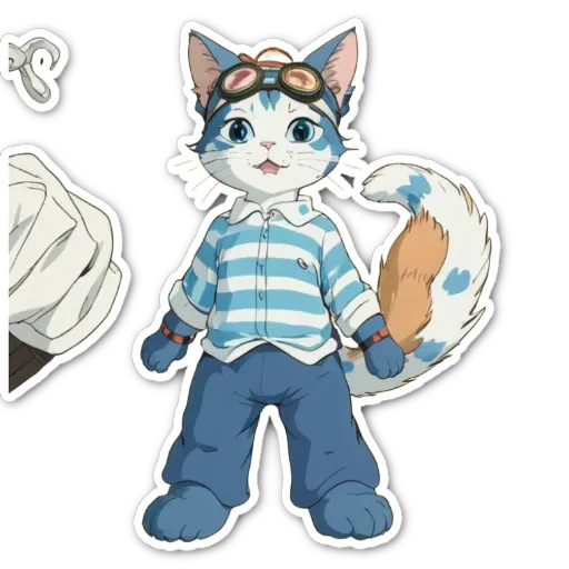 A cat wearing a striped shirt and goggles is standing up.