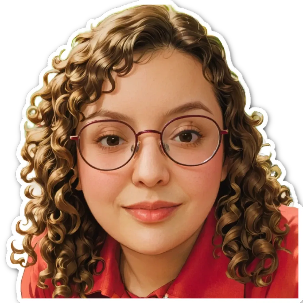 A girl with curly hair and glasses that is smiling.