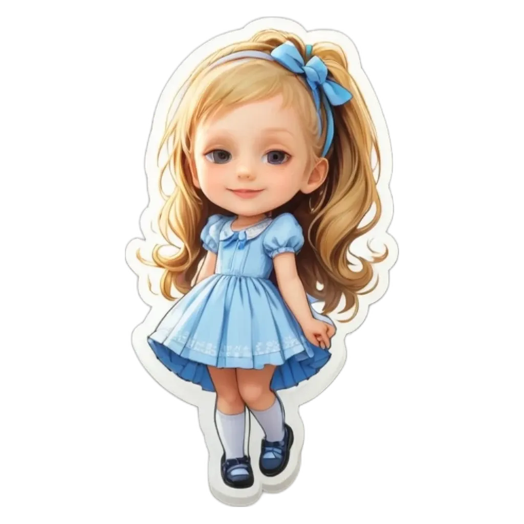 A girl with a blue dress and a bow in her hair.
