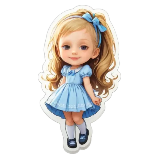 A girl with a blue dress and a bow in her hair.
