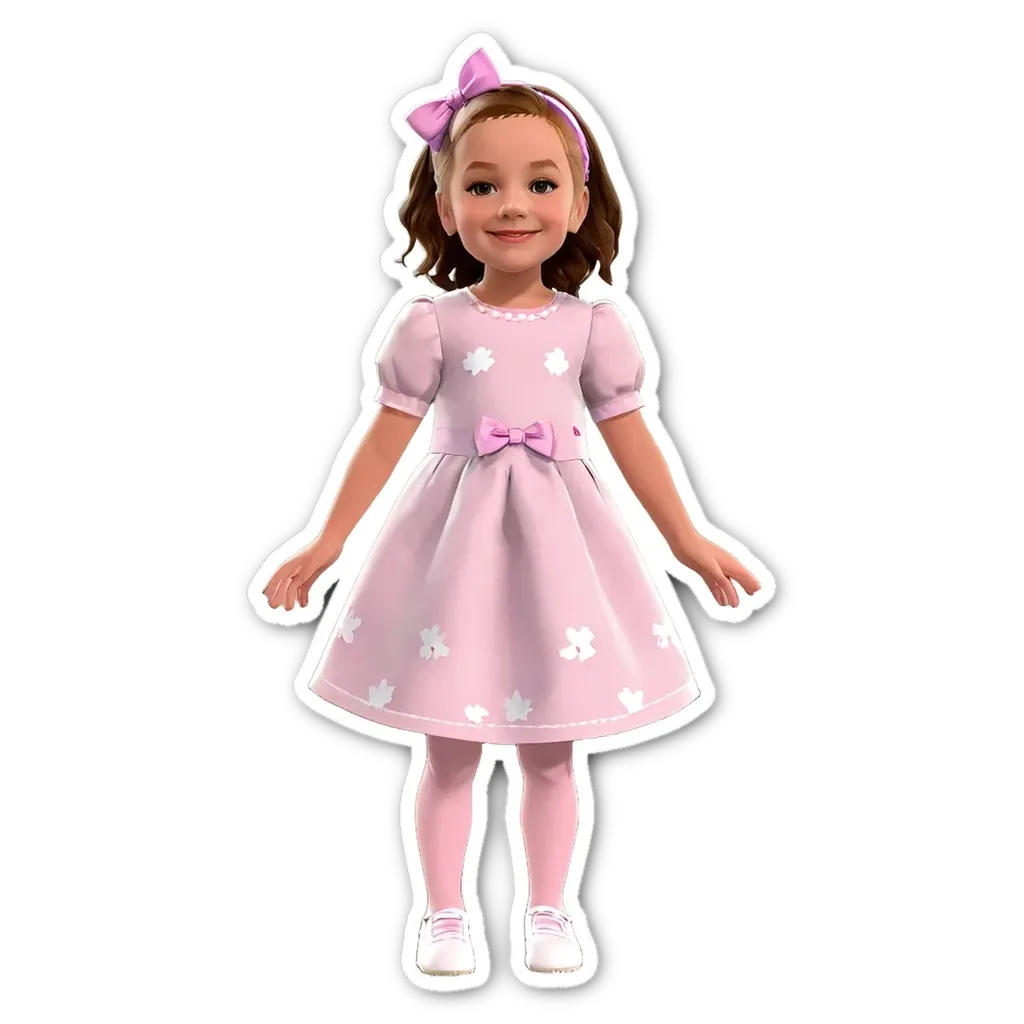 A girl wearing a pink dress with white flowers on it.
