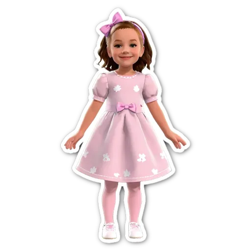 A girl wearing a pink dress with white flowers on it.