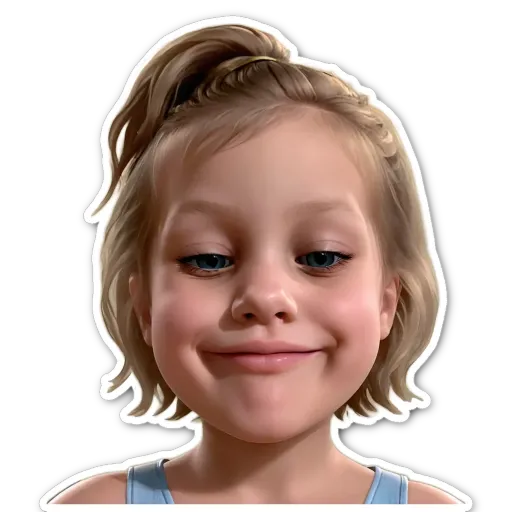 A girl with a sticker on her face that makes her look smirk.