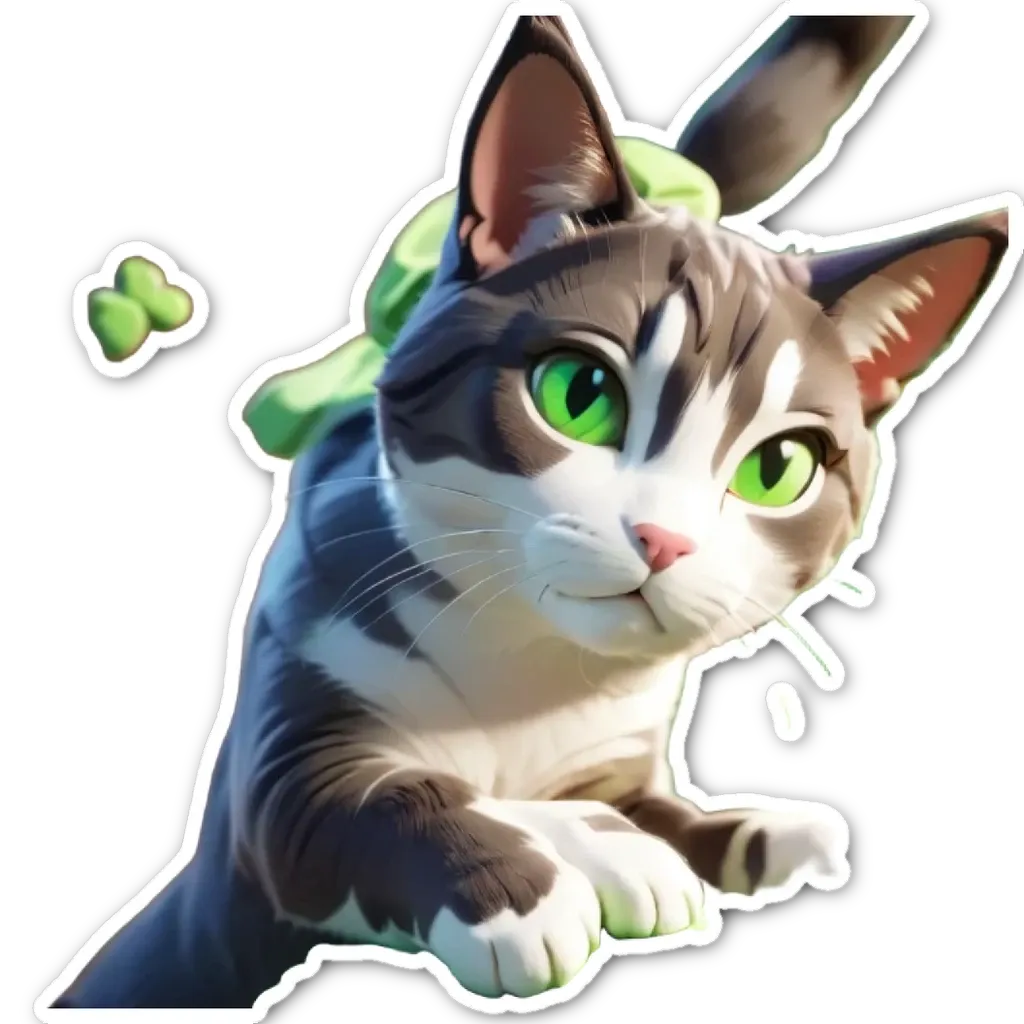 A cartoon cat with green eyes is looking at the camera.