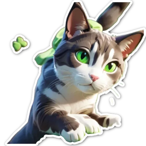A cartoon cat with green eyes is looking at the camera.