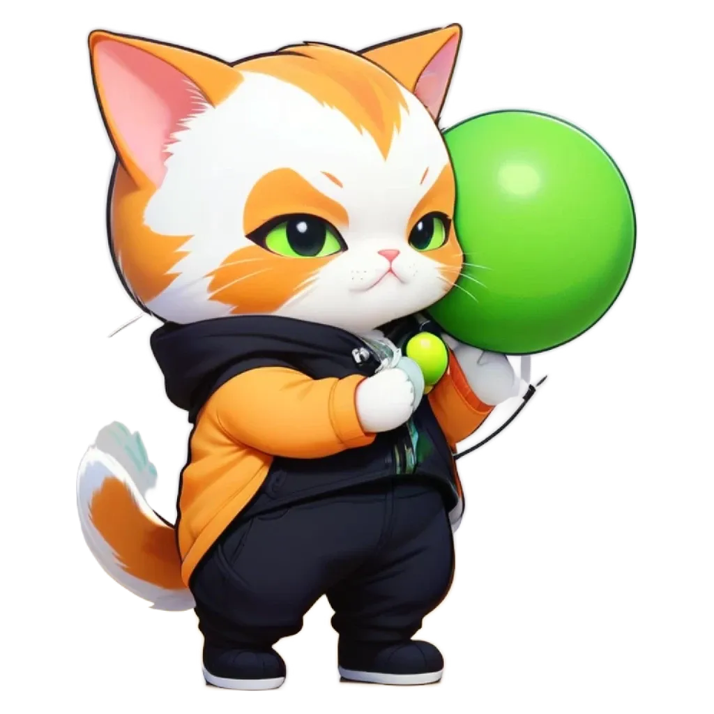 A cat playing with a ball wearing a black jacket and orange pants.